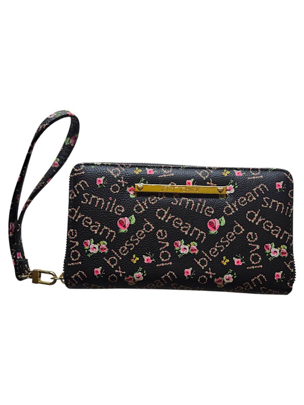 Betsey Johnson Black Floral Typography Pink Script Print Zip Wallet Wristlet